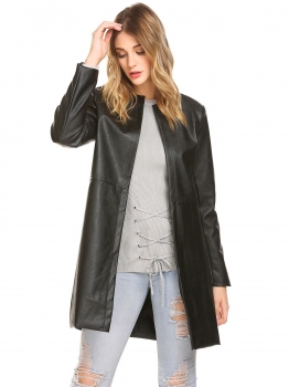 

Black Women Synthetic Leather O-Neck Open Front Casual Loose Long Trench Coat, Multicolor