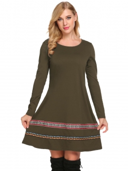 

Army green Women Bohemian Style Long Sleeve Casual A-Line Short Dress, Multicolor