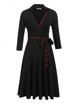 

Black Women Sevy Deep V-Neck 3"4 Sleeve Solid High Waist A-Line Dress with Belt, Multicolor