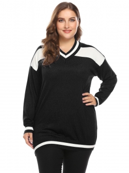 

Black Women V-Neck Drop-Shoulder Patchwork Thin Knit Pullover Sweater Plus Size, Multicolor