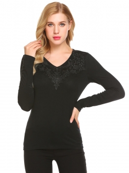 

Black Women V-Neck Long Sleeve Lace Patchwork Slim Fit Casual T-Shirt Top, Multicolor