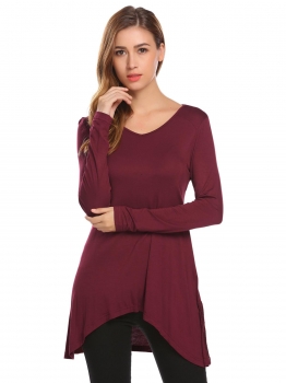 

White Women V-Neck Long Sleeve Lace Décor Irregular Casual Loose Fit Tunic Top, Multicolor