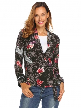 

Black Women Casual Shawl Collar Long Sleeve Print Lace Up Jacket, Multicolor