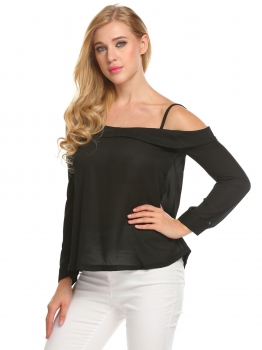 

Black Women Casual Cut Off Shoulder Spaghetti Strap Solid Loose Top Cami Blouse, Multicolor