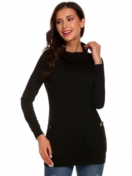 

Black Women Casual High Neck Long Sleeve Solid Pullover Pockets Tops, Multicolor