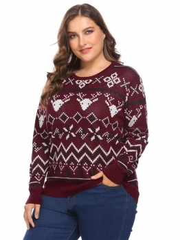 

Wine red Women Plus Size O-Neck Long Sleeve Christmas Geometric Casual Pullover Sweater, Multicolor