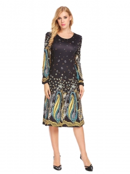 

Yellow Women Round Neck Long Sleeve Floral Print Slim Fit Casual A-Line Dress, Multicolor
