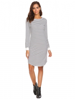 

White Women Casual O-Neck Long Sleeve Striped Patchwork Regular Fit Sexy Dress, Multicolor