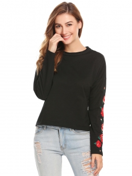 

Black Women Casual Round Neck Long Sleeve Embroidery Loose Graphic Tee T Shirt, Multicolor