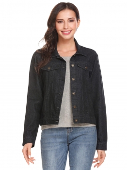 

Black Women Casual Turn-down Collar Long Sleeve Solid Button Pocket Denim Jacket Outwear, Multicolor