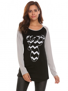 

Black Women Fashion O-Neck Long Sleeve Patchwork Printed T-Shirt, Multicolor