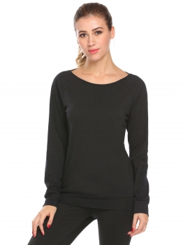 

Black Women Casual Round Neck Long Sleeve Back Hollow Yoga Top T Shirt, Multicolor