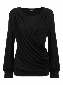 

Black Women Casual Round Neck Long Sleeve Solid T Shirt Draped Basic Tee, Multicolor