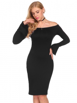 

Black Slash Neck Long Flare Sleeve Pencil Party Cocktail Going Out Dress, Multicolor