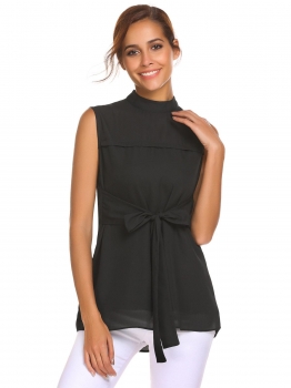 

Black Women Casual Stand Collar Sleeveless Solid Asymmetrical Hem Sexy Tops Vest with Belt, Multicolor