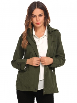 

Army green Women Drawstring Hooded Solid Casual Loose Fit Military Jacket w" Pocket, Multicolor