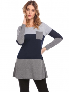 

Gray O-Neck Long Sleeve Contrast Color Tunic Dress, Multicolor