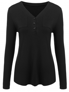 

Black Women Casual V-Neck Long Sleeve Solid Pocket Button Regular Fit Sexy Blouse, Multicolor
