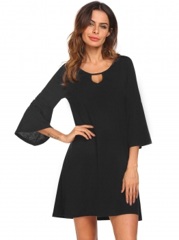 

Black Women Casual Round Neck Flare Sleeve Solid Loose Tunic Dress, Multicolor