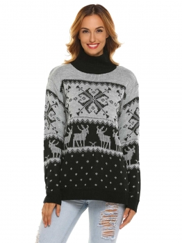 

Black Women High Neck Long Sleeve Knitted Christmas Pattern Printed Pullover Sweater, Multicolor