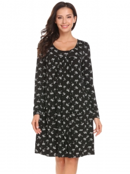 

Black Women Long Sleeve Pleated Front Print Casual Loose Fit Dress w" Pocket, Multicolor