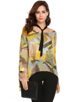 

Yellow Women Batwing Sleeve Print High Low Hem Casual Loose Chiffon T-Shirt, Multicolor