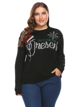 

Black Women O-Neck Long Sleeve Letter Casual Pullover Sweater Plus Size, Multicolor