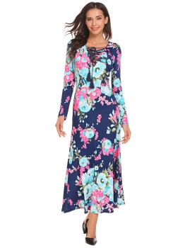 

Blue Women Fashion V-Neck Long Sleeve Floral Loose Maxi Dress, Multicolor