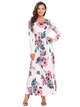 

White Women Fashion O-Neck Long Sleeve Floral Striped Loose Maxi Dress, Multicolor