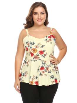 

Yellow Women Sleeveless Floral Print Slim Fit Summer Peplum Top Plus Size, Multicolor
