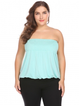 

Blue Strapless Sleeveless Shirring Solid Stretchy Casual Tube Top Plus Size, Multicolor