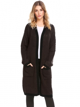 

Coffee Women Casual Long Sleeve Patchwork Pocket Front Open Thread Hem and Cuffs Knitted Cardigan, Multicolor