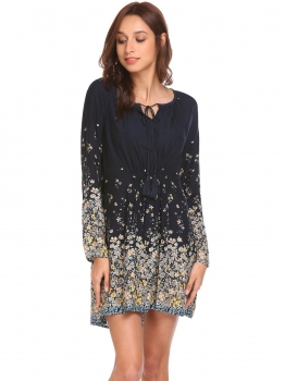 

Navy blue Women Casual Lace Up O-Neck Long Sleeve Floral Print Ruched Tunic Dress, Multicolor