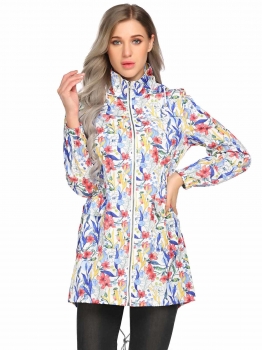 

White Hooded Long Sleeve Floral Lightweight Rain Coat, Multicolor