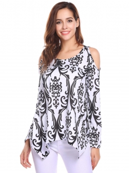 

Black white Women Vintage O-Neck Long Sleeve Cold Shoulder Asymmetrical Hem T-shirt, Multicolor