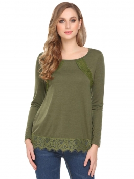 

Army green Women Casual O-Neck Long Sleeve Lace Patchwork Regular Fit Sexy Blouse T-shirt Tops, Multicolor