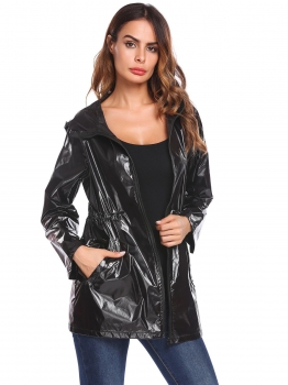 

Black Women Casual Hooded Long Sleeve Solid Zipper Button Pocket Raincoat Outwear, Multicolor