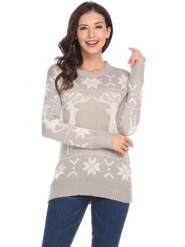 

Gray Women O-Neck Long Sleeve Geometric Christmas Casual Pullover Sweater, Multicolor