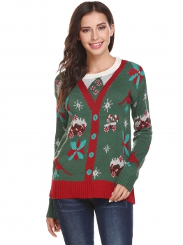 

Green Women O-Neck Long Sleeve Christmas Print Casual Pullover Sweater, Multicolor