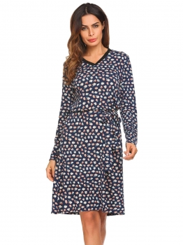 

Navy blue Women V-Neck Long Sleeve Floral Slim Fit Casual A-Line T-Shirt Dress with Belt, Multicolor