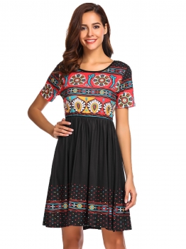 

Red O-Neck Short Sleeve Print Casual Empire Waist Pleated Dress, Multicolor