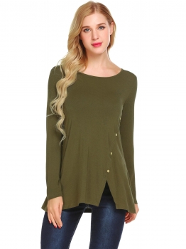 

Army green Women Casual O-Neck Long Sleeve Solid Split and Asymmetrical Hem Button Sexy Blouse T-shirt Tops, Multicolor