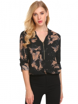 

Black Women V Neck Long Sleeve Zip Front Floral Loose Chiffon Blouse Shirt, Multicolor