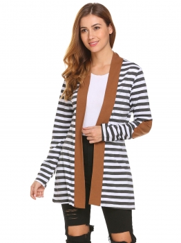 

Coffee Women Casual Long Sleeve Open Front Striped Contrast Color Cardigan, Multicolor