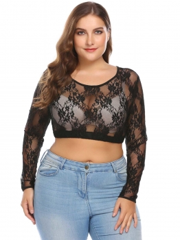 

Black Women Sexy Long Sleeve See-through Floral Lace Slim Fit Crop Top Plus Size, Multicolor
