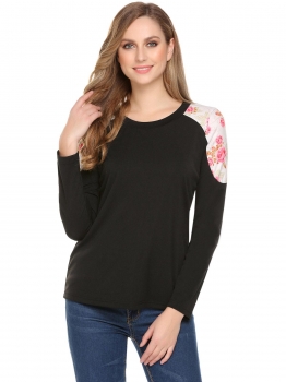 

Black Women Casual O-Neck Long Sleeve Patchwork Regular Fit Sexy Blouse T-shirt Tops, Multicolor