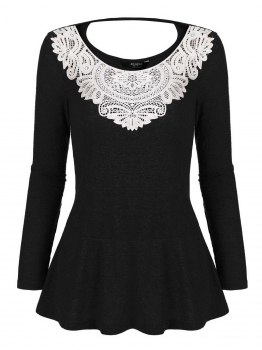 

Black Women Frilly Peplum Top Crochet Lace Patchwork Long Sleeve Casual Tops, Multicolor