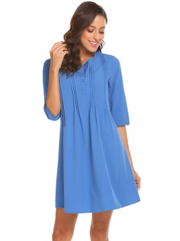 

Blue Women Casual Round Neck Half Sleeve Solid Loose Button Front Tunic Dress, Multicolor