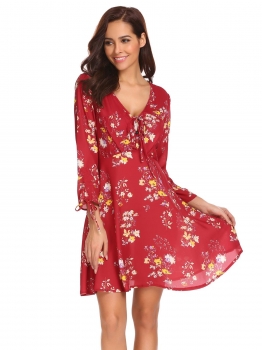 

Wine red Women Fashion V-Neck Long Sleeve Floral Slim Waist A-Line Dress, Multicolor
