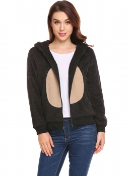 

Black Women Warm Cute Hooded Zip Up Faux Suede Patchwork Slim Fit Plush Hoodie, Multicolor
